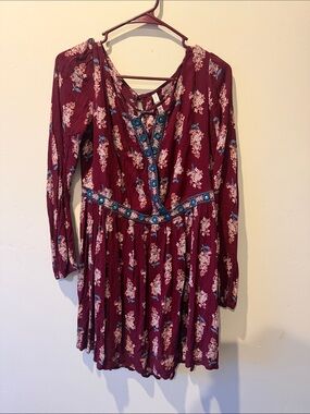 Floral Burgundy Long-Sleeve Dress with Embroidered Waist